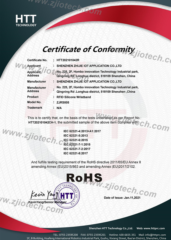  RFID pulseira Rohs certificação